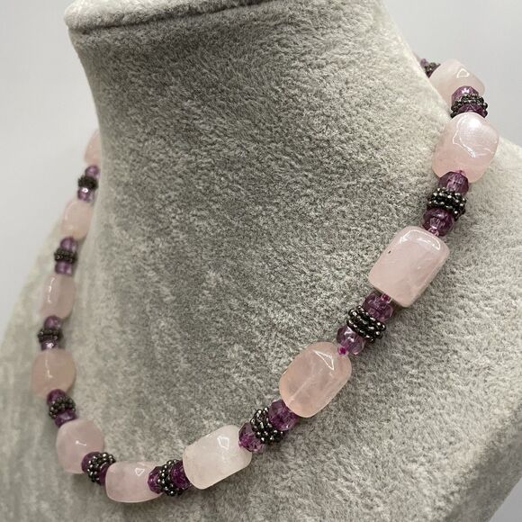 Artisan Made Rose Quartz Gemstone Purple Glass Beaded Knotted Necklace Boho - Picture 3 of 6